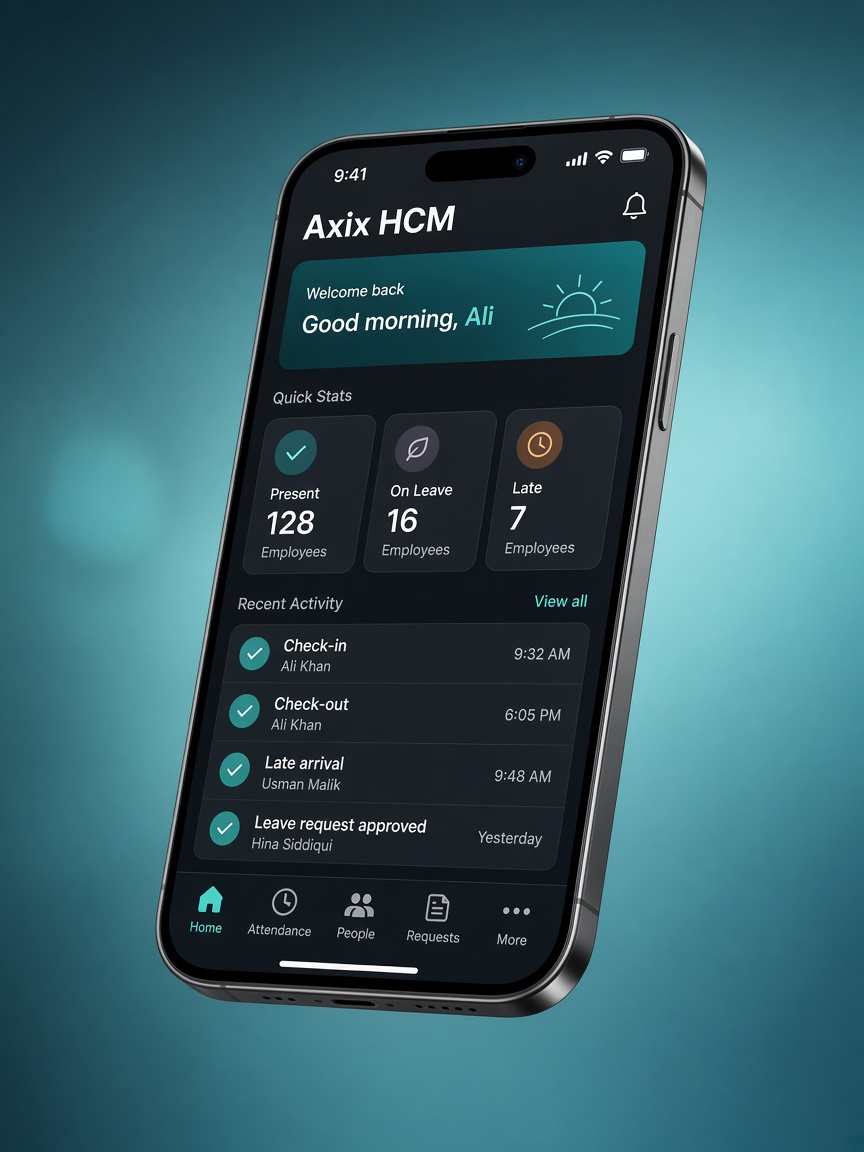 Axix HCM mobile attendance on a phone