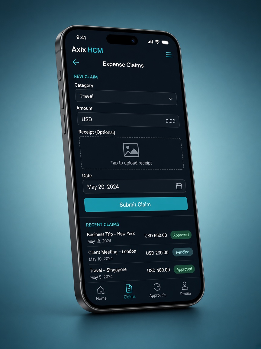 Axix HCM mobile alongside Expense Claims & Advances